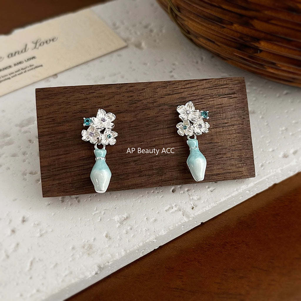 A廠-原創優雅唯美個性花瓶925銀針琺瑯滴釉漸變色清冷感耳飾工廠 耳環「7040」25.12-1
