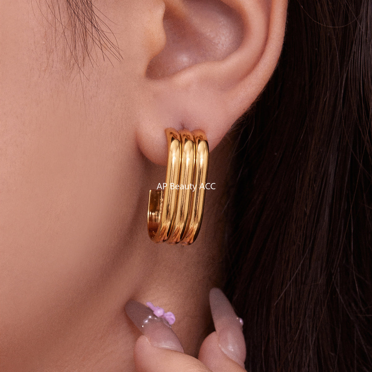 B廠-ins風小眾設計三層愛心形耳環不鏽鋼18k鍍金耳釘不掉色耳飾「F753」25.11-1