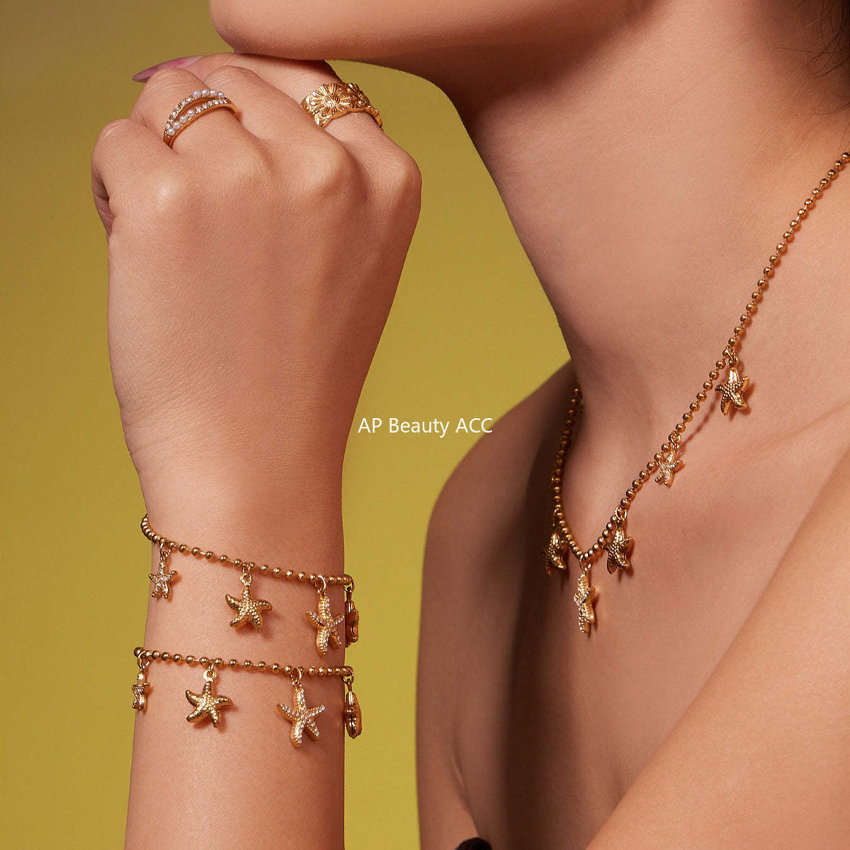 B廠-跨境新款不鏽鋼鋯石海星吊墜耳環項鍊手鍊套裝簡約鑲鑽配飾「TXP478」25.11-4