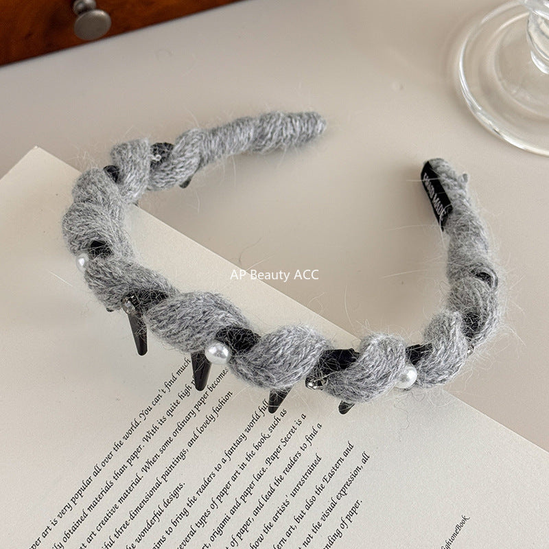 E廠-韓系閃鑽珍珠毛線波浪髮箍女高顱頂頭箍帶齒防滑外戴髮卡壓髮頭飾「27663」25.11-2