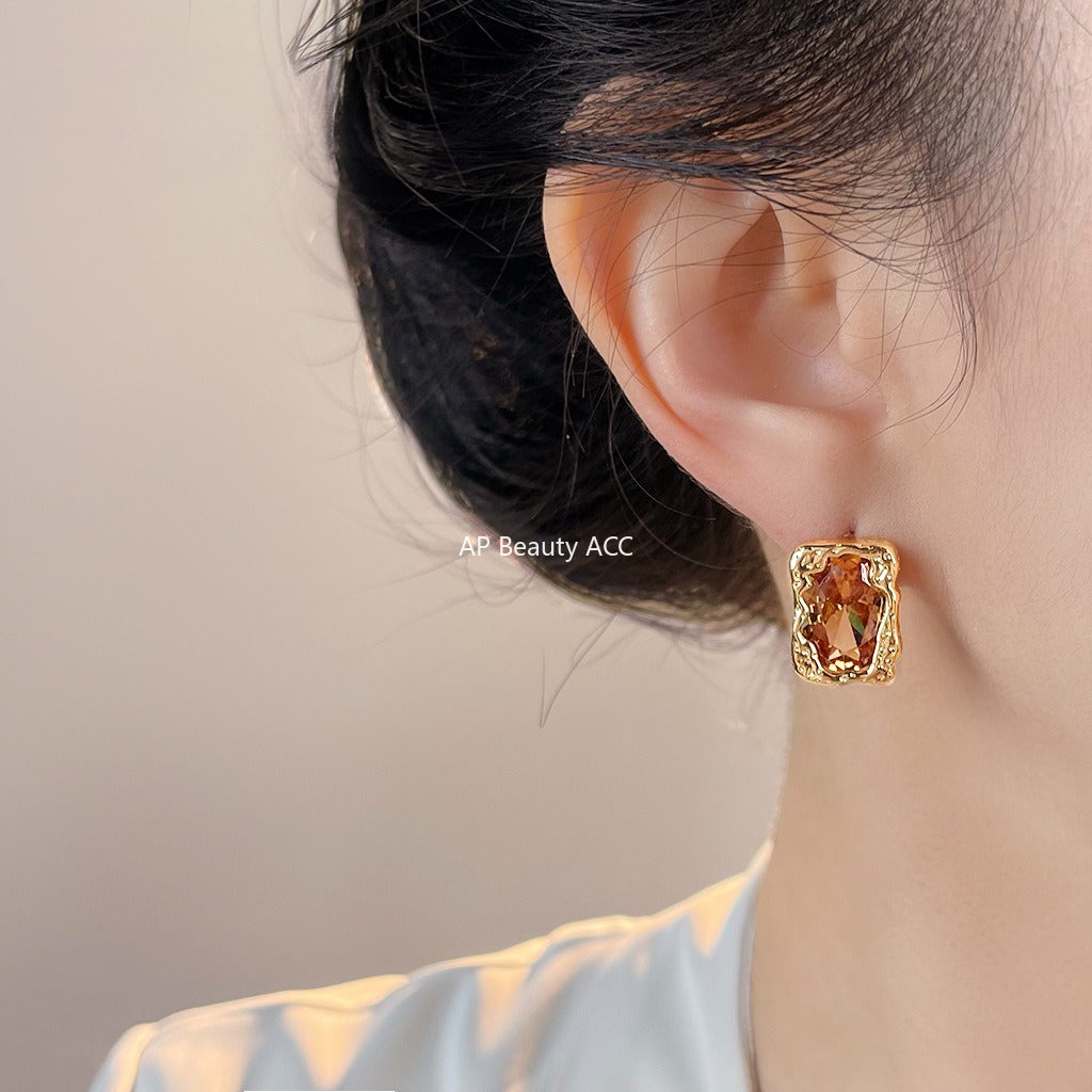 A廠-秋冬色系淺咖香檳色液態高級感925銀針幾何長方形工廠耳飾 耳環女「7074」25.11-2