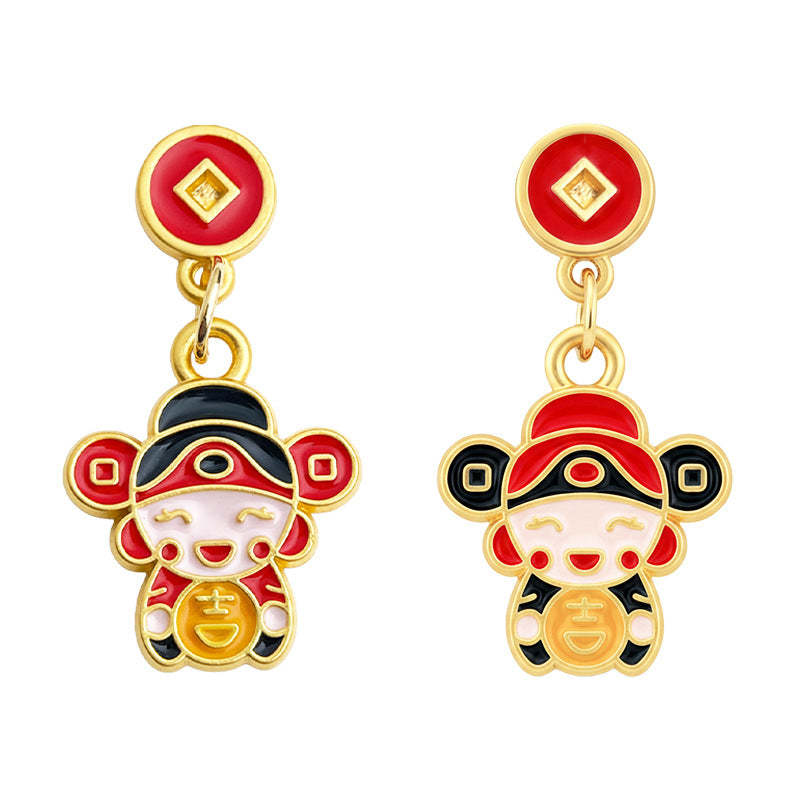 A廠-新年款手工彩繪琺瑯滴釉不對稱財神爺新款耳飾新中式民族風耳環「7231」25.12-2