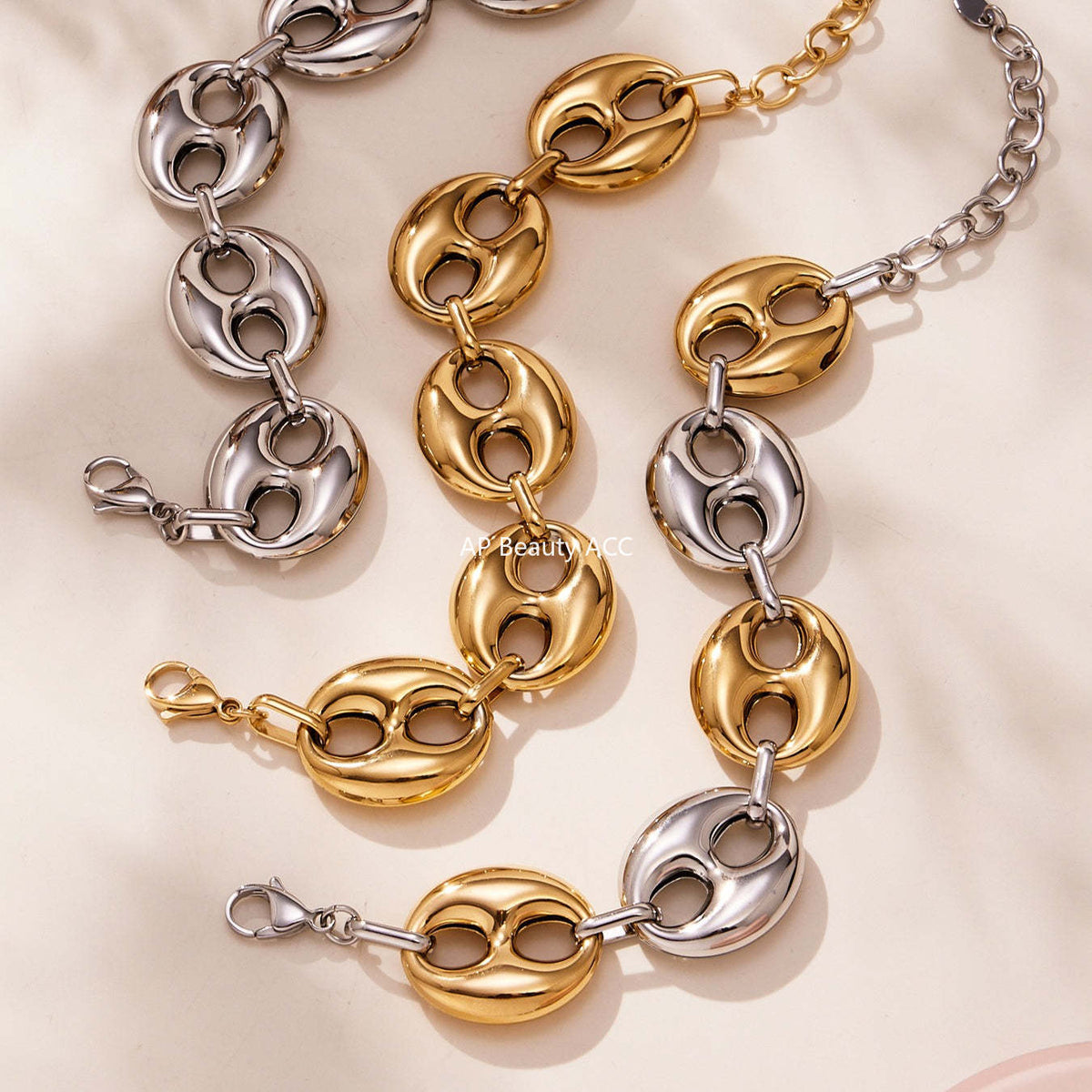 B廠-時尚輕奢風光面橢圓形豬鼻子項鍊手鍊套裝不鏽鋼鍍18k真金「TXP466」25.11-3