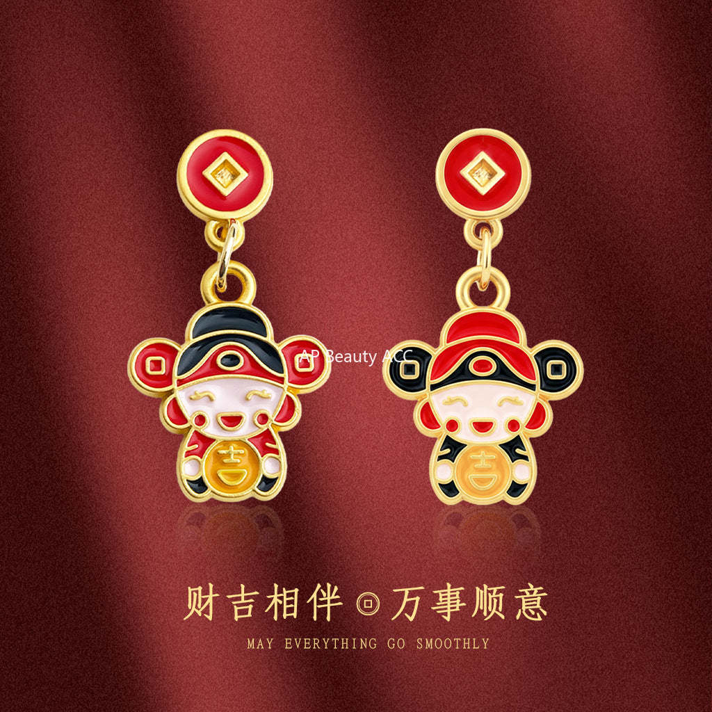 A廠-新年款手工彩繪琺瑯滴釉不對稱財神爺新款耳飾新中式民族風耳環「7231」25.12-2