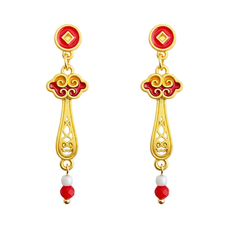 A廠-新年款玉如意琺瑯手工彩繪滴釉紅色新款耳環工廠長款新中式耳環飾品「7214」25.12-2