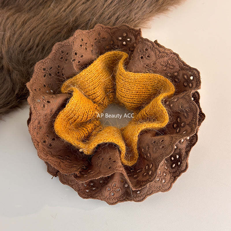 E廠-秋冬韓系毛線針織蕾絲大腸髮圈女超大丸子頭低馬尾頭繩慵懶風頭飾「27752」25.12-1