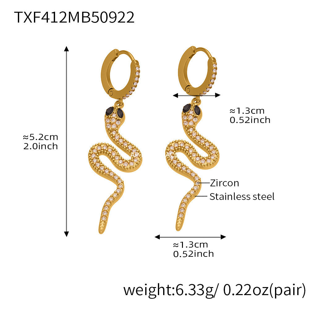 B廠-精緻5A鋯石蛇形滿鑽不鏽鋼戒指耳環首飾套裝鍍18k金跨境飾「TXF412」25.10-1