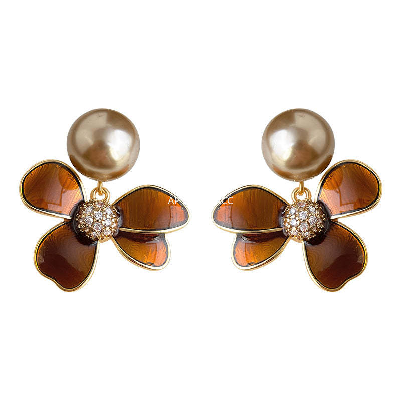 A廠-2025新款爆款文藝復古美拉德風925銀針琺瑯滴釉咖色花朵耳飾 耳環「7105」25.11-3