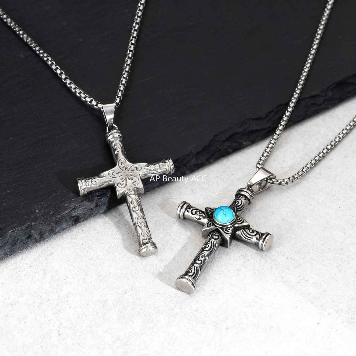 G廠-不鏽鋼飾品批發 五角星綠松石復古嘻哈十字架吊墜「PN-2235」25.11-3