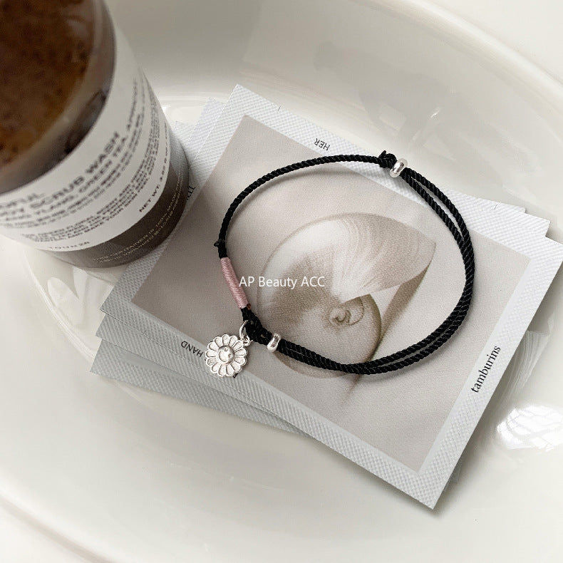 C廠-韓國東大門太陽笑臉花朵手工編織可調節編繩S925純銀手鍊「1538」25.11-2