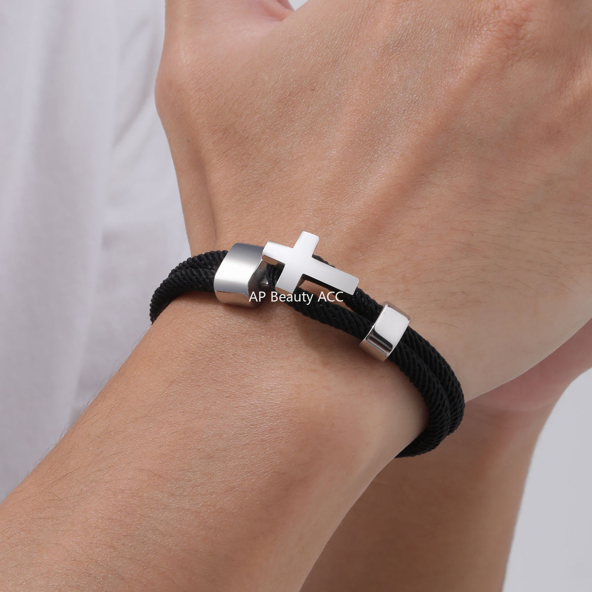 G廠-男士時尚手鐲 黑色米蘭繩交叉不鏽鋼十字架扣休閒經典風格「BL-769」25.11-1