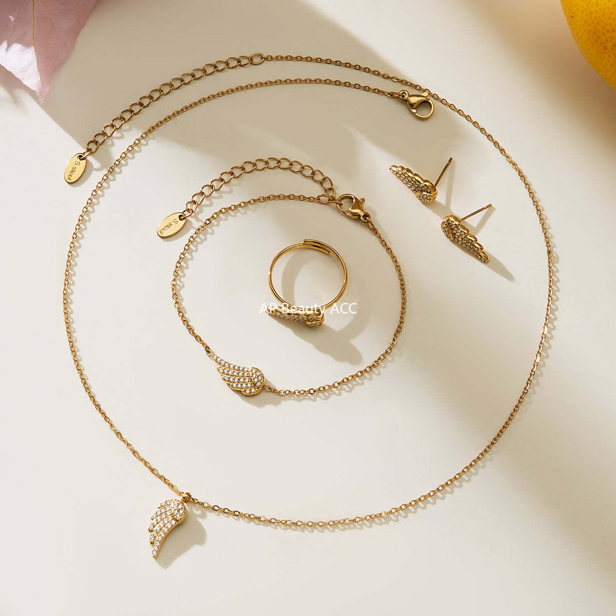 B廠-超閃5A鋯石小翅膀造型手鍊項鍊耳環戒指套裝不鏽鋼鍍18k金「TXP486」25.11-4