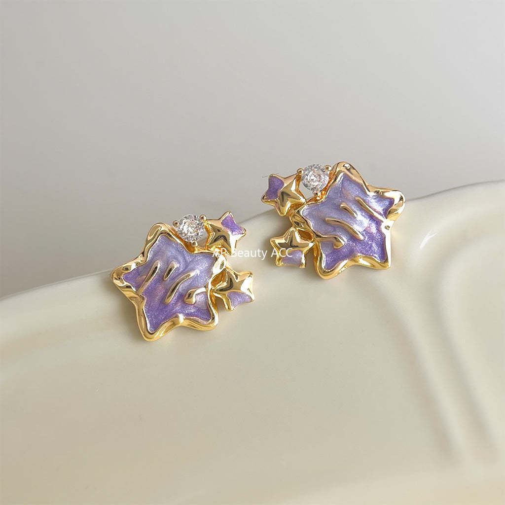 A廠-原創琺瑯彩繪滴釉漸變色 925銀針鑲嵌鋯石紫色星星耳環個性耳飾女「7200」25.12-1