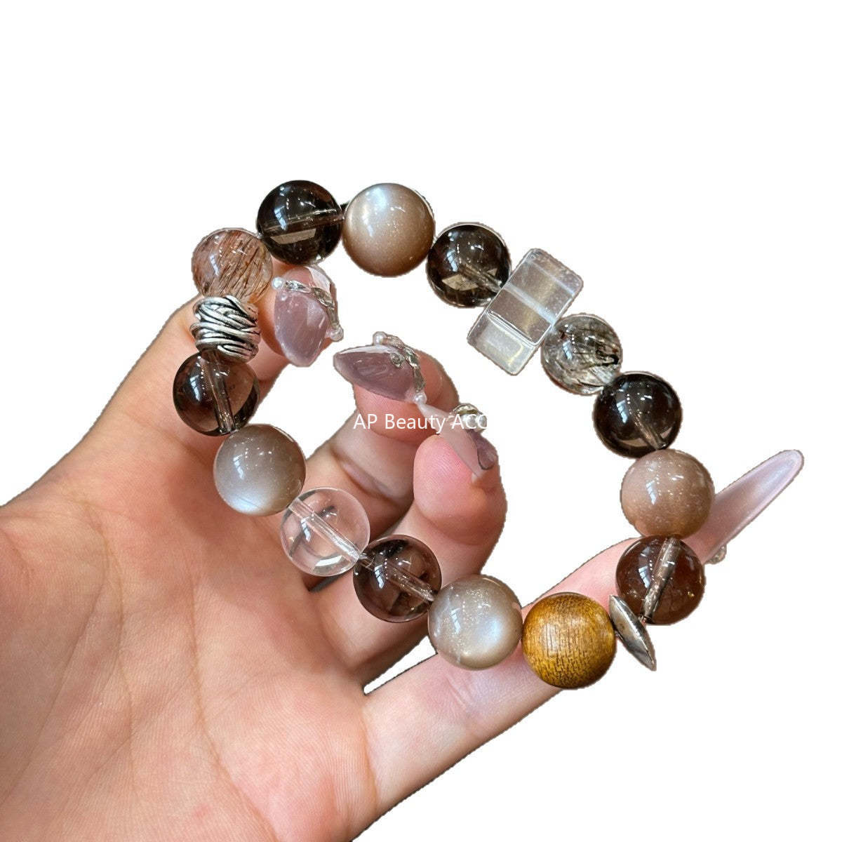 AS廠-天然奶茶月光白水晶手串茶晶黑金超轉運招財小眾設計美拉德手「l2969」25.10-5