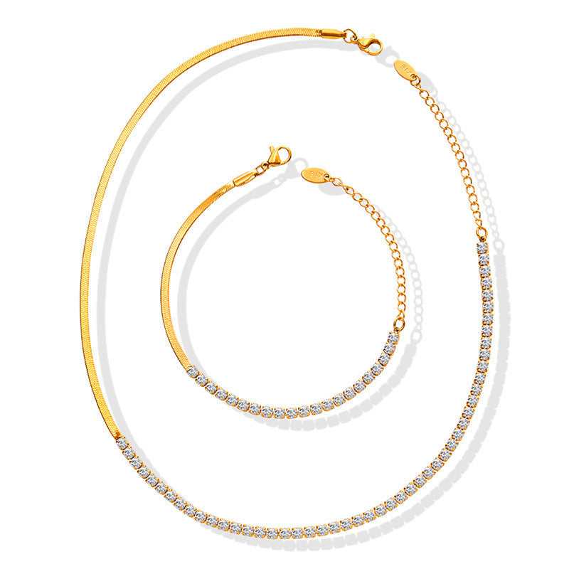 B廠-歐美不掉色精緻氣質帶鑽鋯石鑲嵌拼接刀片鏈鍍金項鍊手鍊首飾套裝「P281-E326」25.11-2