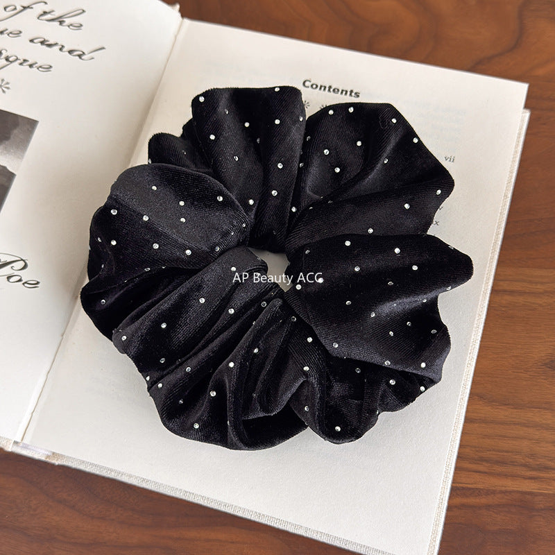 E廠-秋冬高級感韓系黑色絲絨燙鑽大腸髮圈百搭實用馬尾髮繩復古髮飾女「27641」25.11-1