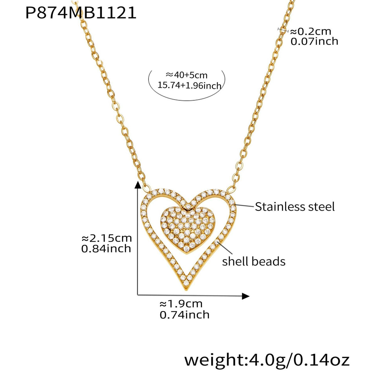 B廠-跨境新款靈動愛心滿鑽鋯石吊墜雙層鎖骨項鍊不鏽鋼鍍18k金「P874」25.11-4