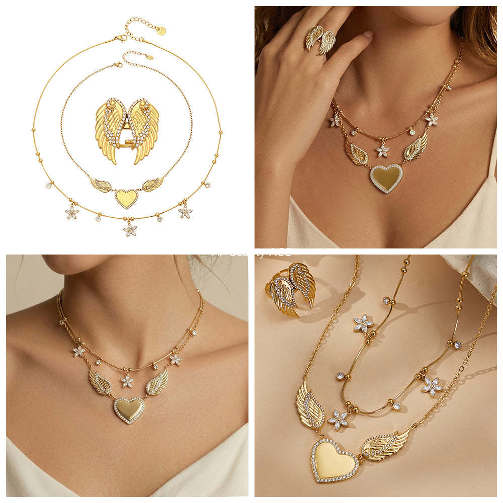 B廠-不鏽鋼5A鋯石愛心翅膀吊墜項鍊羽翼開口戒指套裝鍍18k真金不掉色「TXP523」25.12-3