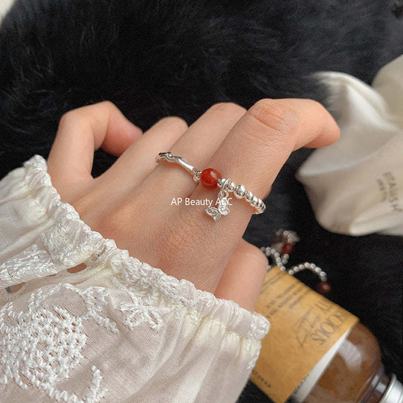 C廠-新中式古風大象小象小魚福袋蝴蝶結錢幣紅瑪瑙S925純銀彈力戒指「1520-1527」25.11-3