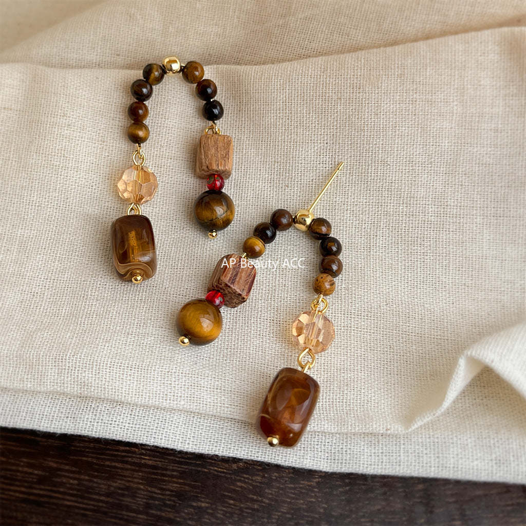 A廠-美拉德風原創手工藝設計感天然石虎眼石琥珀色復古文藝工廠耳環「7116」25.11-3