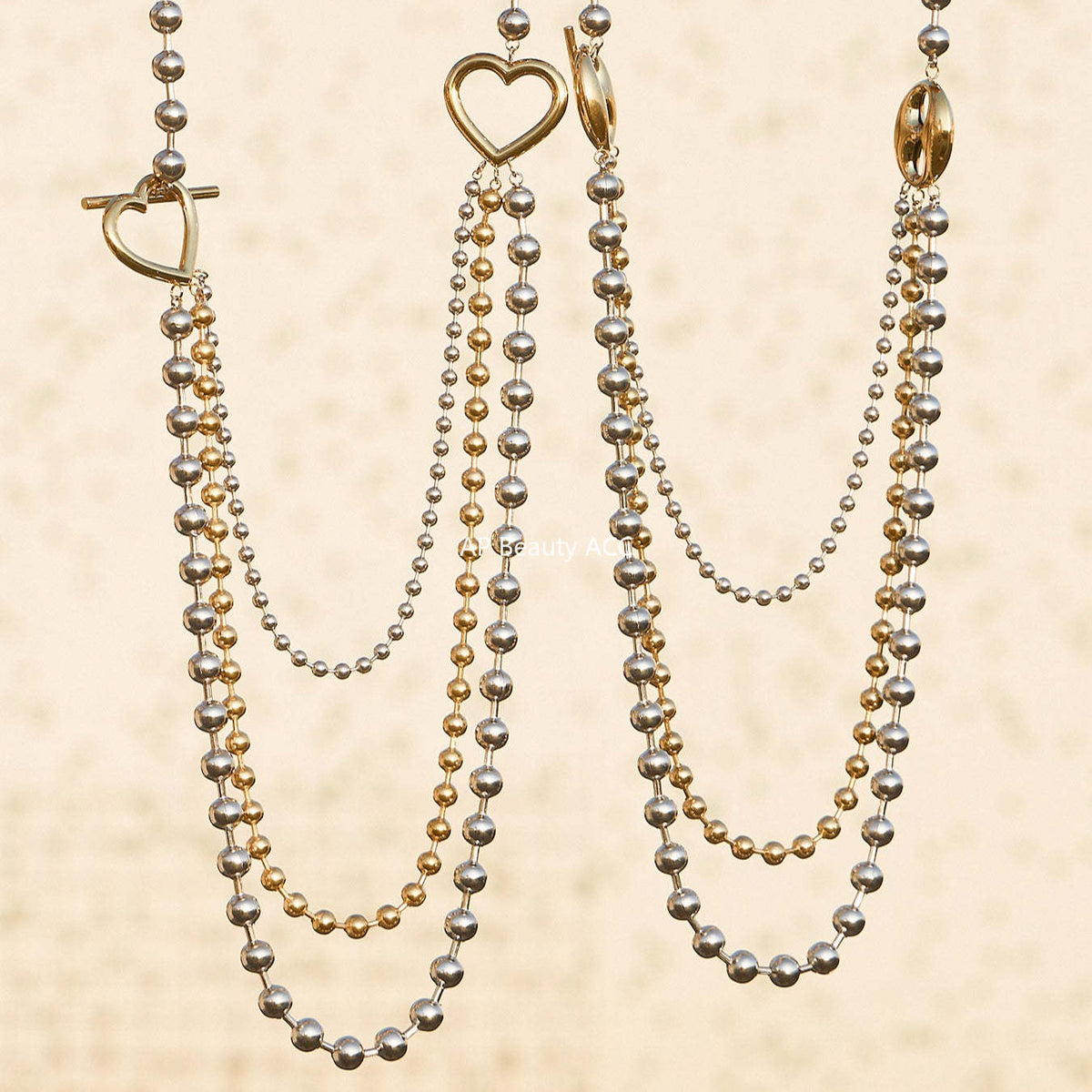 B廠-歐美拼色不鏽鋼愛心扣多層圓珠鏈項鍊ins個性時尚百搭飾品「P1853」25.11-3