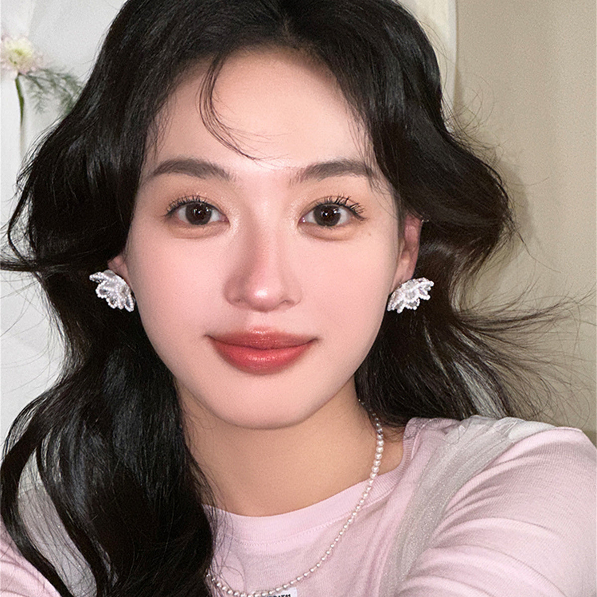 C廠-設計感夏天甜美超仙花朵珍珠耳釘女時髦高級感簡約小清新鋯石耳飾「EH-3877」25.06-3