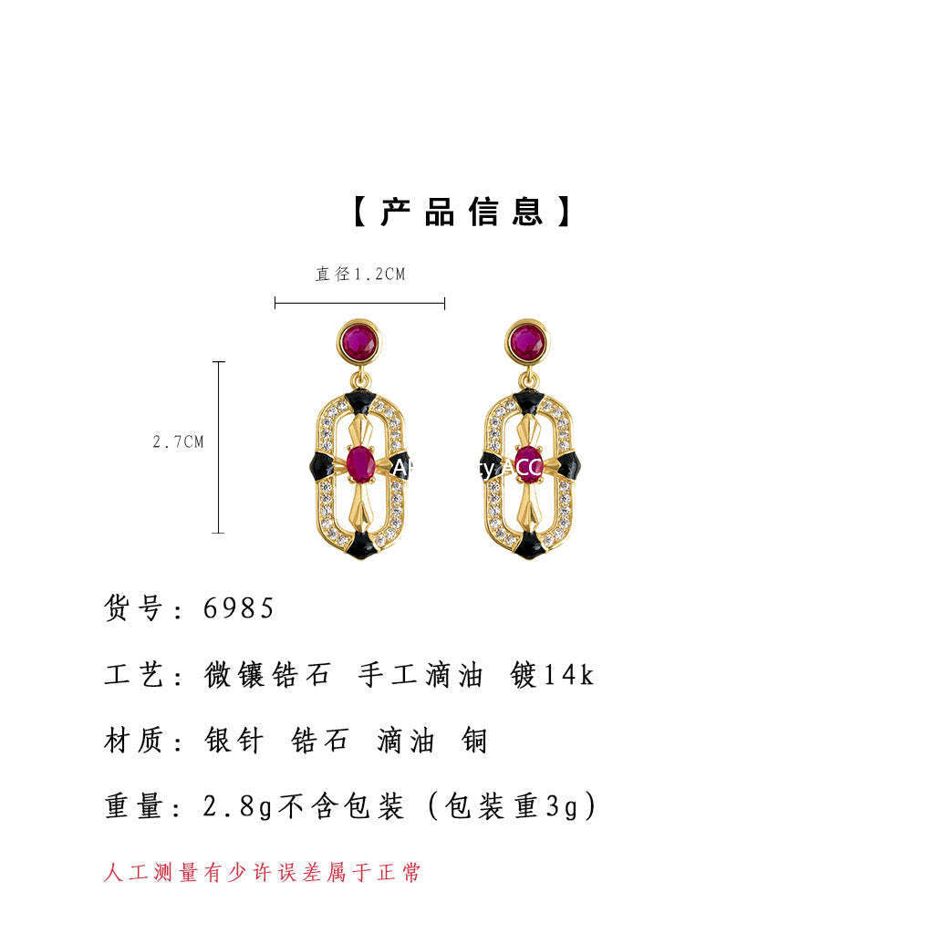 A廠-原創時尚高級感設計師款微鑲鋯石玫紅色小香風新款銀針耳飾耳環女「6985」25.10-5