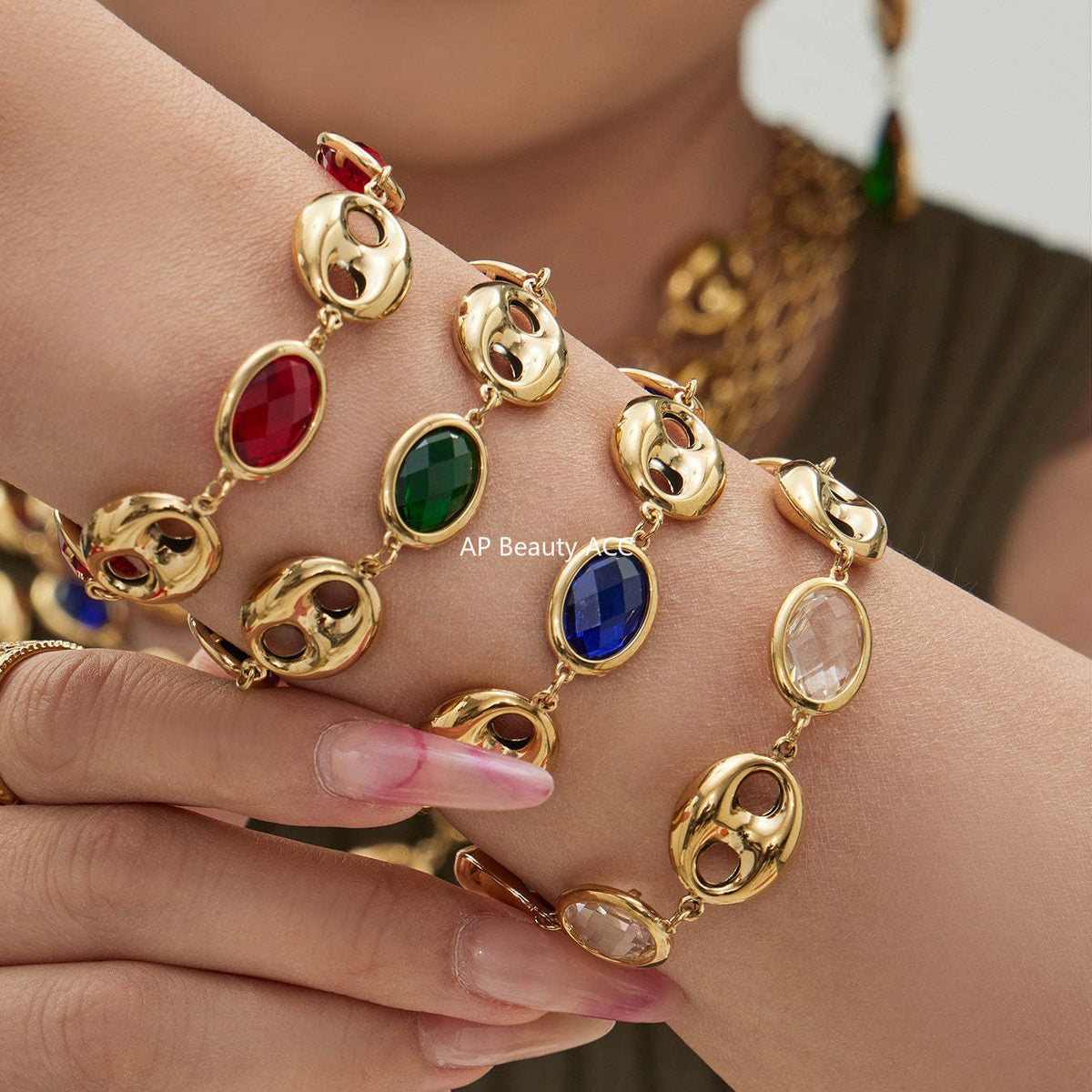 B廠-不鏽鋼空心豬鼻子包邊玻璃石手鍊項鍊套裝鍍18k真金跨境珠寶首飾「TXP514」25.12-2