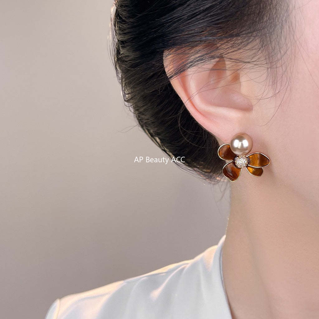 A廠-2025新款爆款文藝復古美拉德風925銀針琺瑯滴釉咖色花朵耳飾 耳環「7105」25.11-3