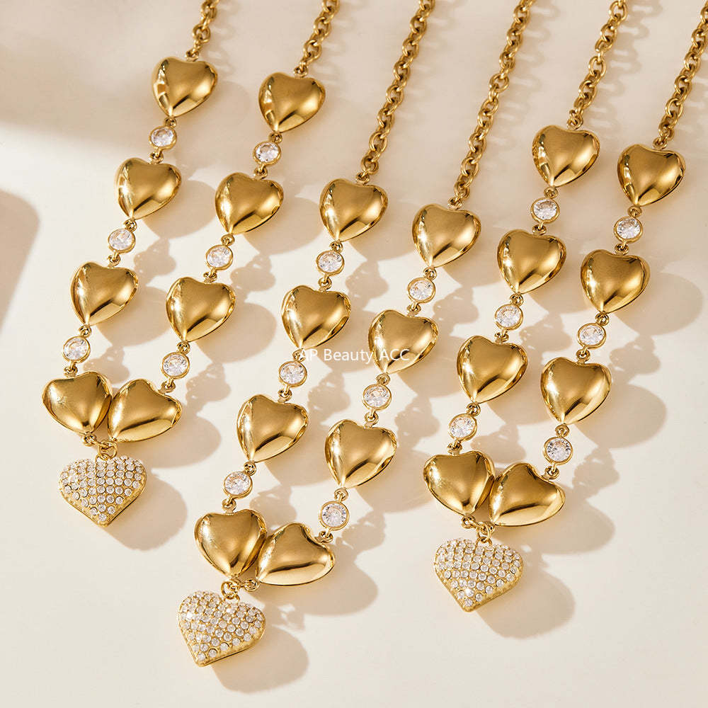 B廠-重工高質5A鋯石愛心滿鑽不鏽鋼空心項鍊鍍18k真金珠寶首飾「P1344」25.11-3