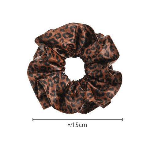 E廠-韓系咖色豹紋皮質大腸髮圈女高級感丸子頭超大號復古百搭髮飾頭繩「27657」25.11-2