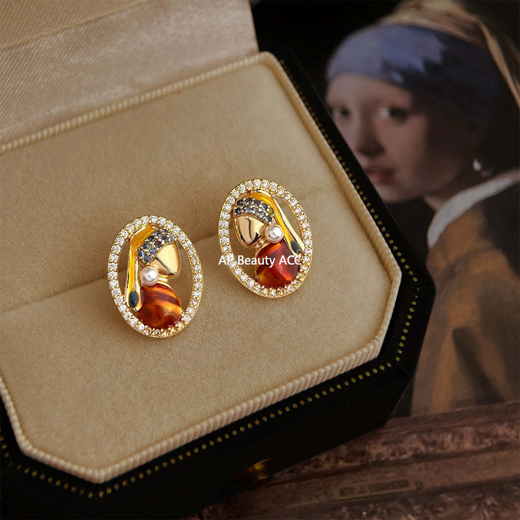 A廠-原創珍珠少女925銀針微鑲鋯石手工彩繪人像幾何耳飾 新款文藝耳釘「7239」25.12-3