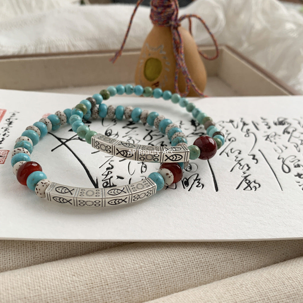 C廠-新中國國風古風錦鯉小魚兒朱砂紅瑪瑙菩提鋁鎂礦S925純銀手鍊「1541-1542」25.11-2