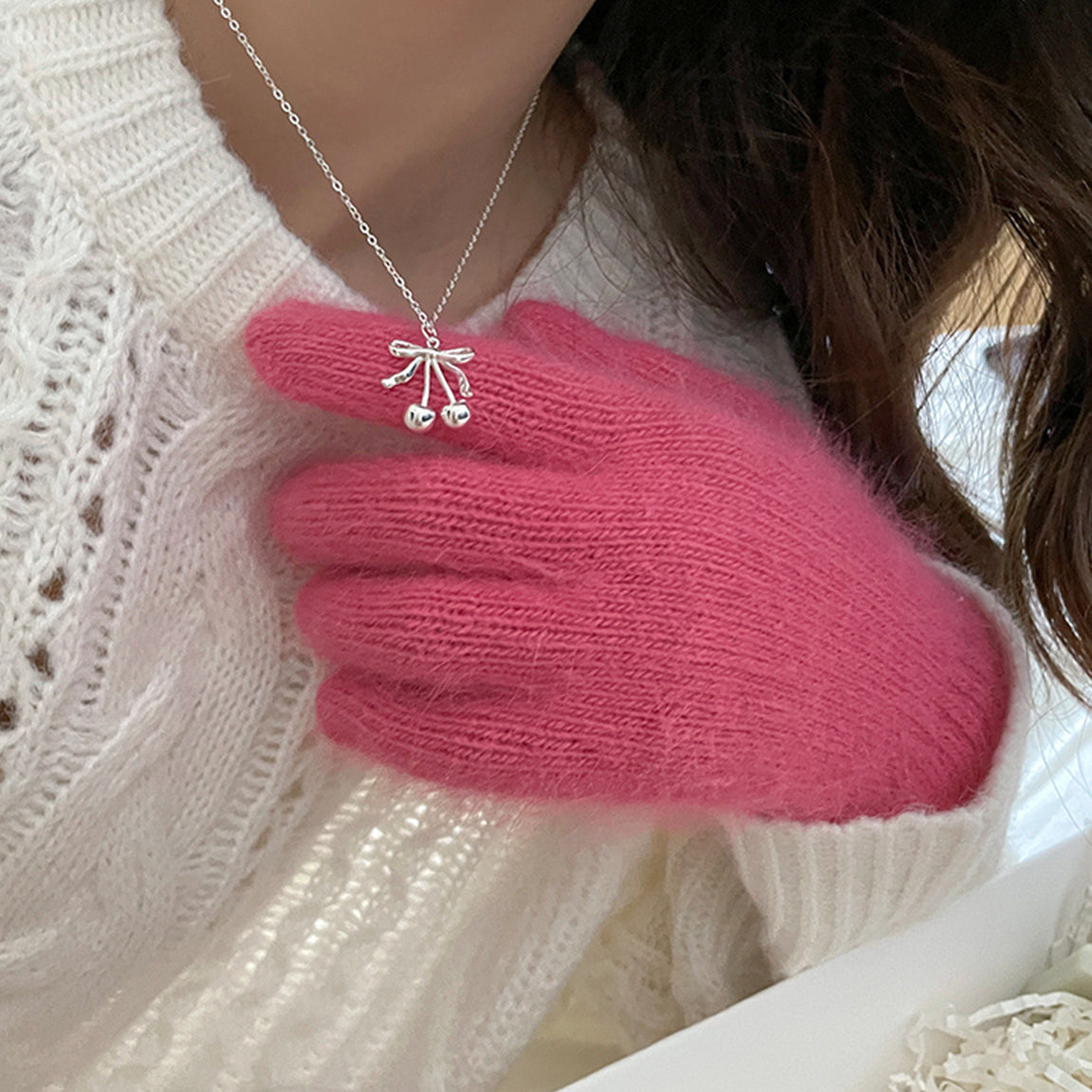 C廠-夏天甜美風櫻桃蝴蝶結吊墜項鍊女輕奢百搭時尚設計感純銀鎖骨鏈「XL-1073」25.05-1