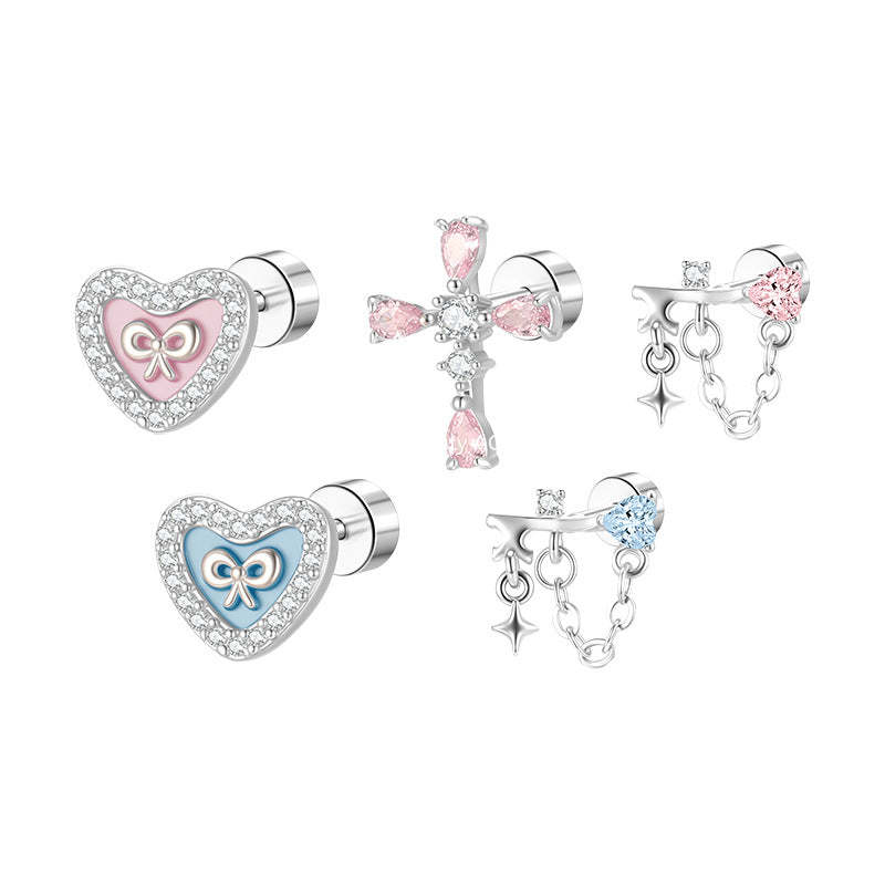 C廠-甜美精緻粉色鋯石十字架耳釘女個性獨特小香風鈦鋼耳骨釘小眾耳飾「EH-4328」25.11-4