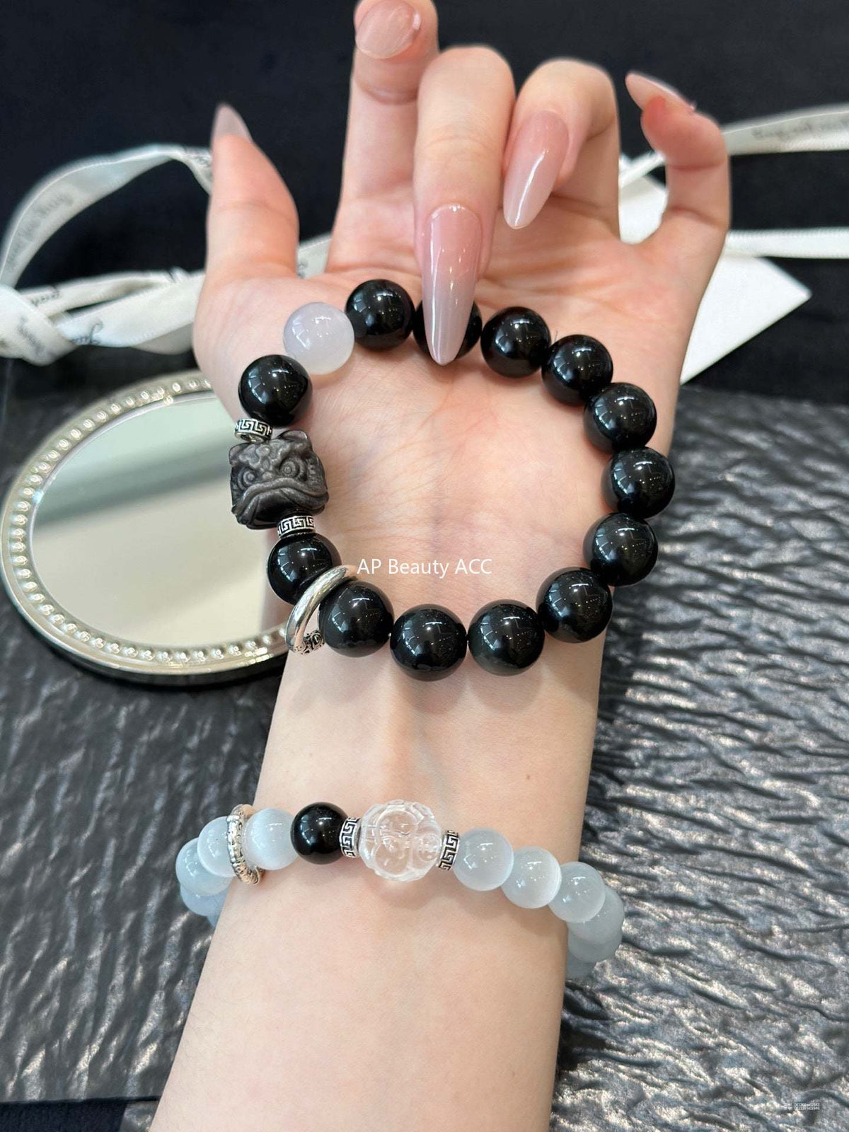 AS廠-情侶款天然黑曜石手鍊輕奢小眾設計貓眼石手串情人節七夕禮物「l2840」25.10-4