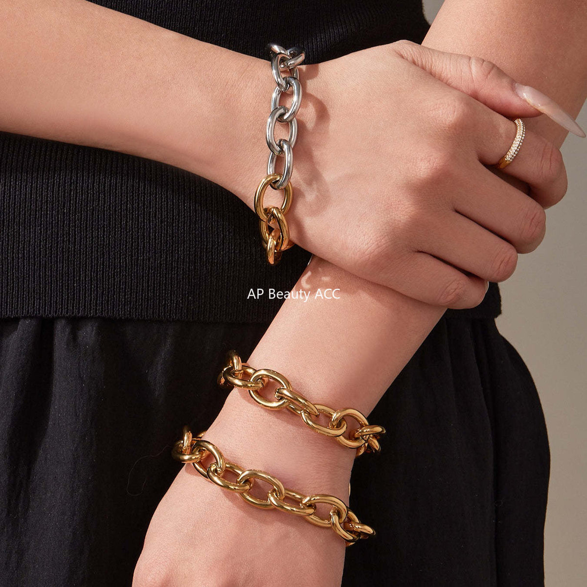 B廠-歐美嘻哈潮酷粗款O字鏈手鍊項鍊套裝不鏽鋼鍍18k真金不掉色「TXP465」25.11-3