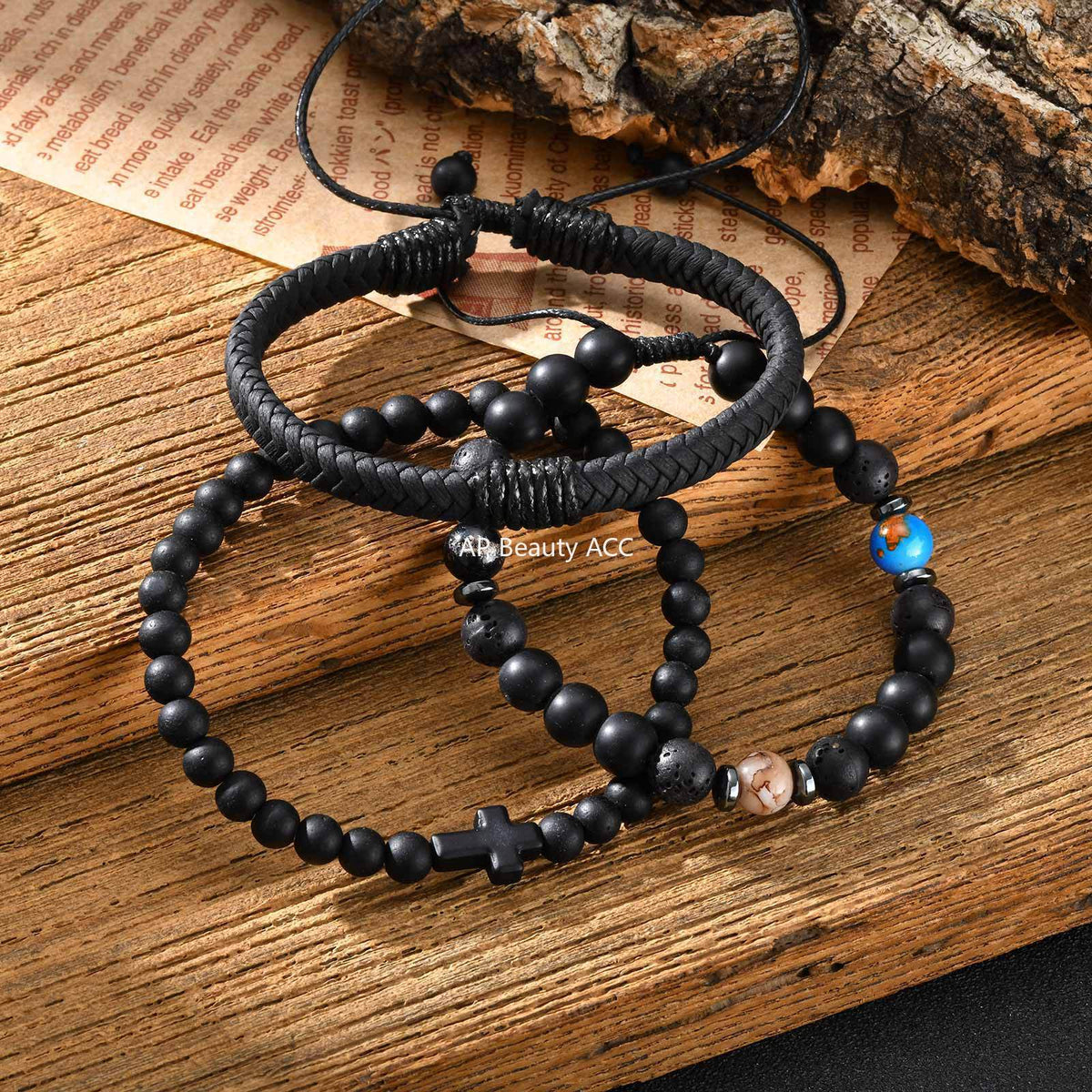 G廠-惡魔之眼黑瑪瑙串珠PU皮火山石串珠十字架三件套疊戴手鍊「BR-2751」25.10-5