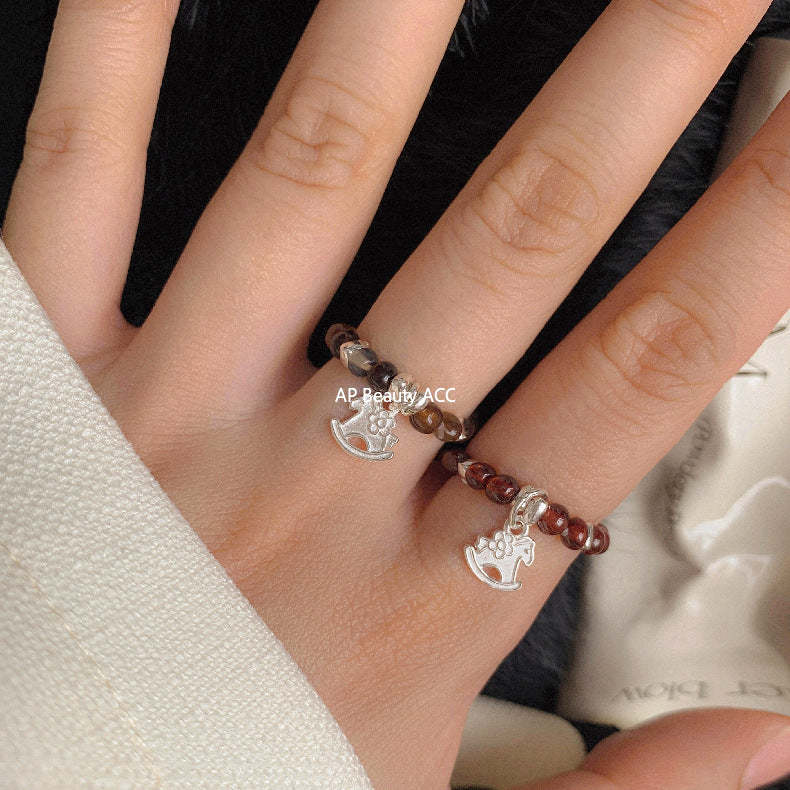 C廠-古風花朵葉子福袋小馬元寶蘋果紅瑪瑙彈力戒指S925純銀戒指女士「RB」25.11-4