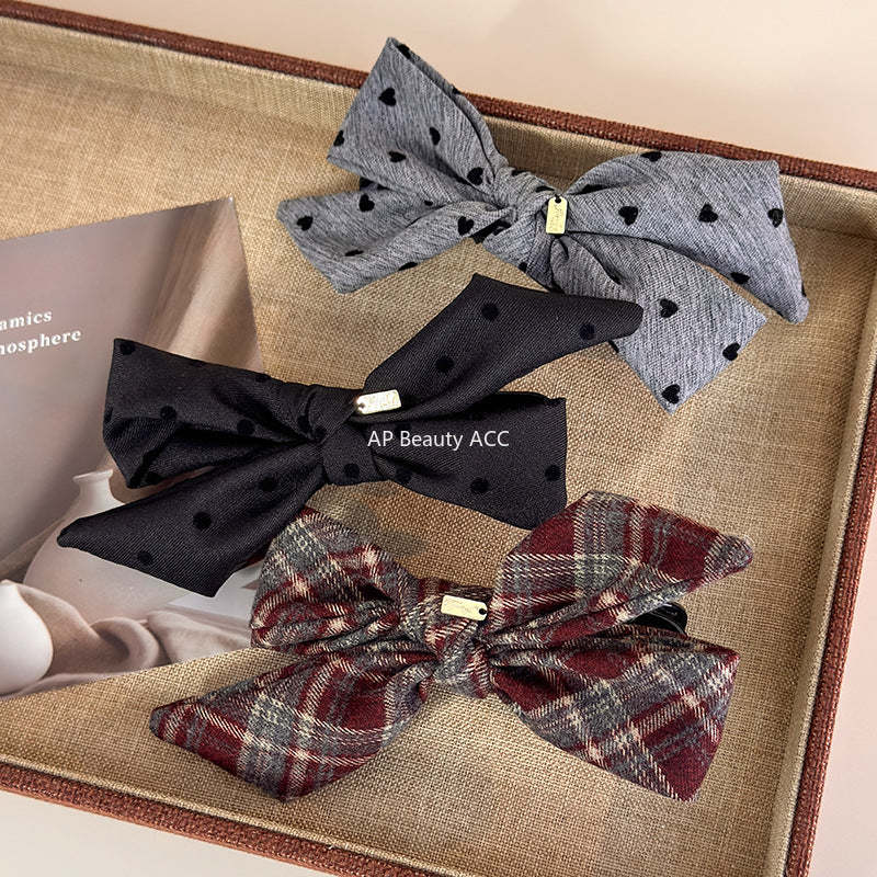E廠-韓ins愛心波點毛呢格紋蝴蝶結金標後腦勺盤髮夾扎馬尾橫夾髮夾「27749」25.12-1