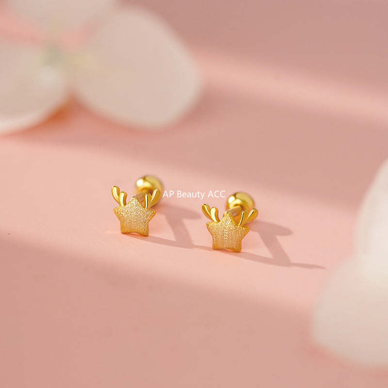 D廠-S999足銀輕奢鹿角星星螺絲耳環女文藝小眾高級感爆款自然耳飾「YC4123E_1」25.11-3