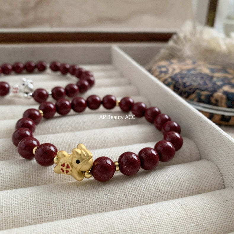 C廠-高含量天然朱砂手鍊女本命年屬馬生肖馬年琺瑯四葉草紫金砂手串「1638」25.12-3