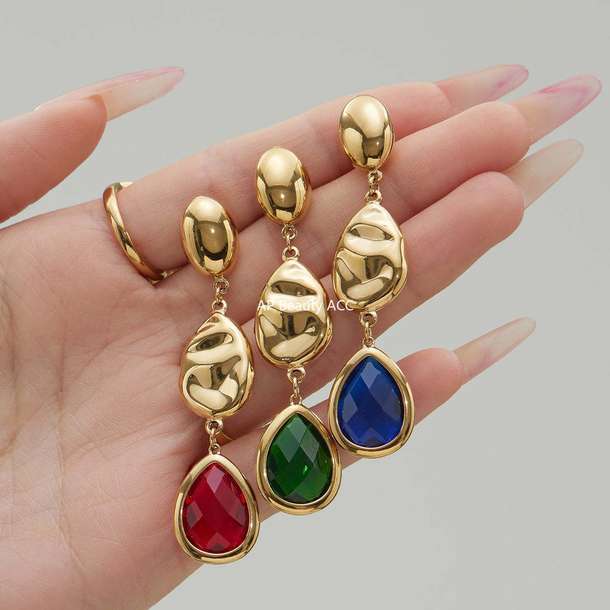 B廠-不鏽鋼空心水滴切面玻璃石耳環歐美小眾時尚高質感耳飾鍍18k真金「F764」25.12-1