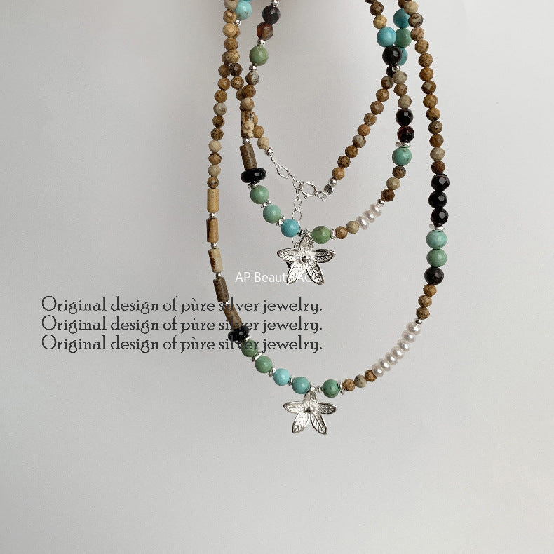 C廠-泰國清邁手工銀 天然珍珠花朵鋁鎂礦圖畫石S925純銀手鍊925銀項鍊「1540」25.11-2