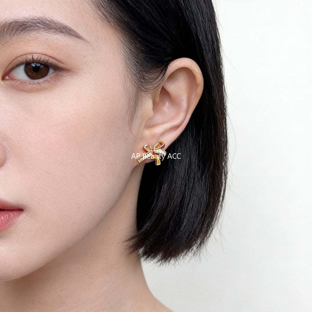 A廠-原創微鑲鋯石925銀針時尚高級感酒紅蝴蝶結耳飾工廠耳環 飾品貨源「7237」25.12-3