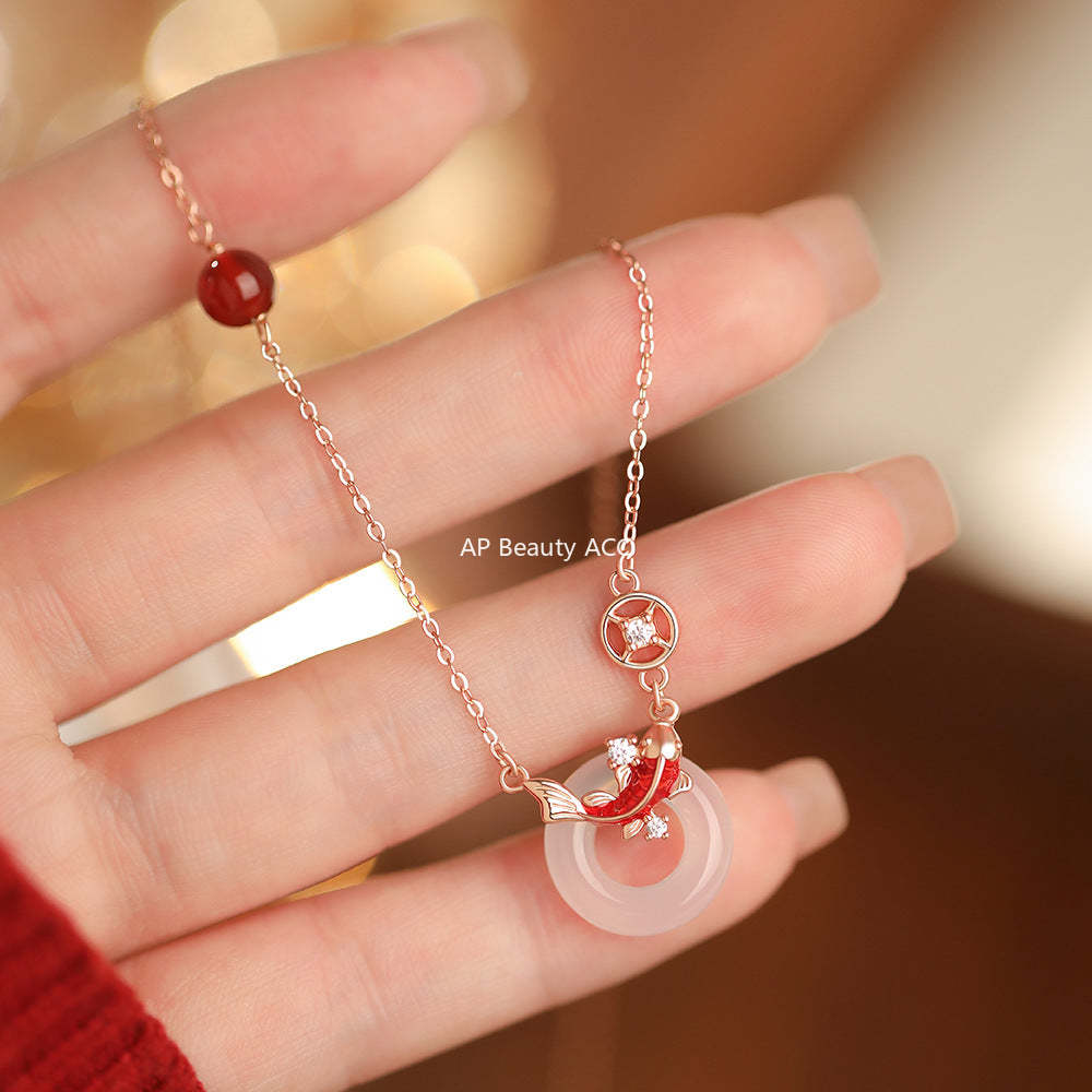 D廠-原創足銀S999紅瑪瑙白玉髓錦鯉平安扣項鍊個性手鍊新中式耳環批發「YC3379E_1 YC2289N_1 YC5110SL_1」25.12-2