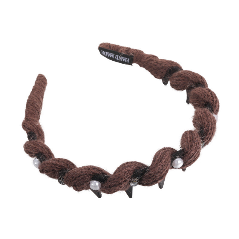 E廠-韓系閃鑽珍珠毛線波浪髮箍女高顱頂頭箍帶齒防滑外戴髮卡壓髮頭飾「27663」25.11-2