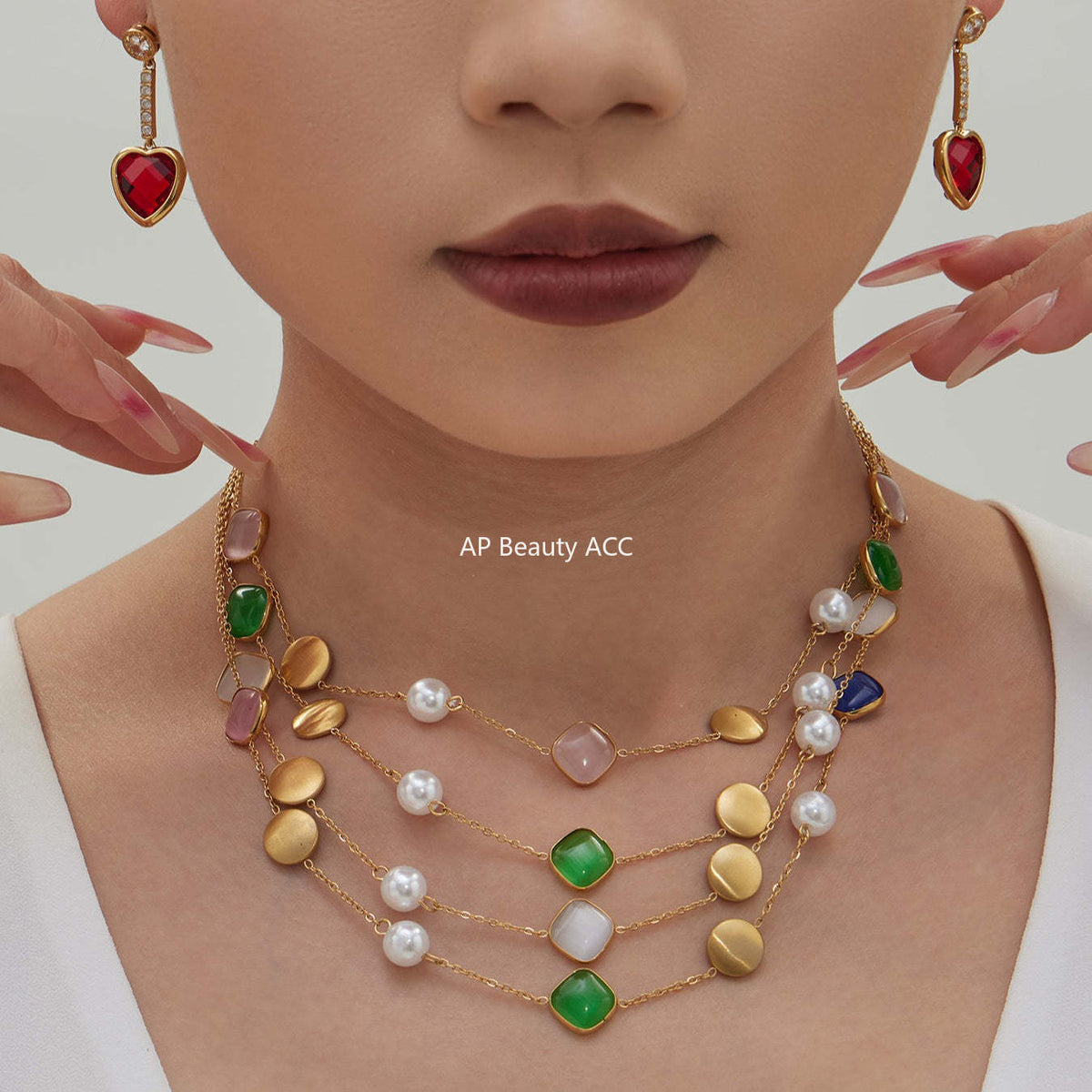 B廠-不鏽鋼貓眼石多色手工串膠珠鎖骨項鍊鍍18k真金質感女款珠寶首飾「P822」25.12-2