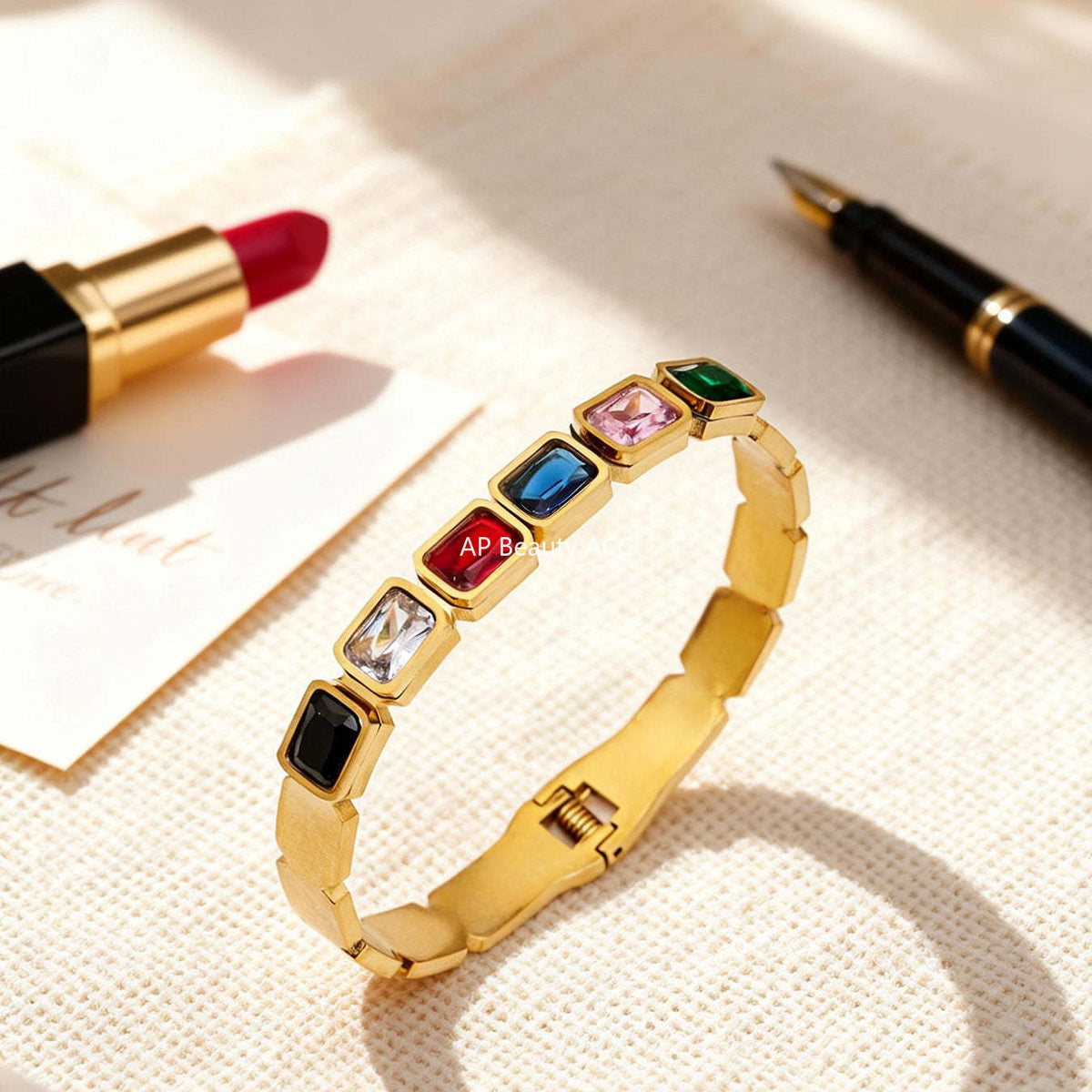 B廠-不鏽鋼方形彩色玻璃石手鐲ins小眾設計歐美潮酷飾品鍍18k金不掉色「Z518」25.12-2
