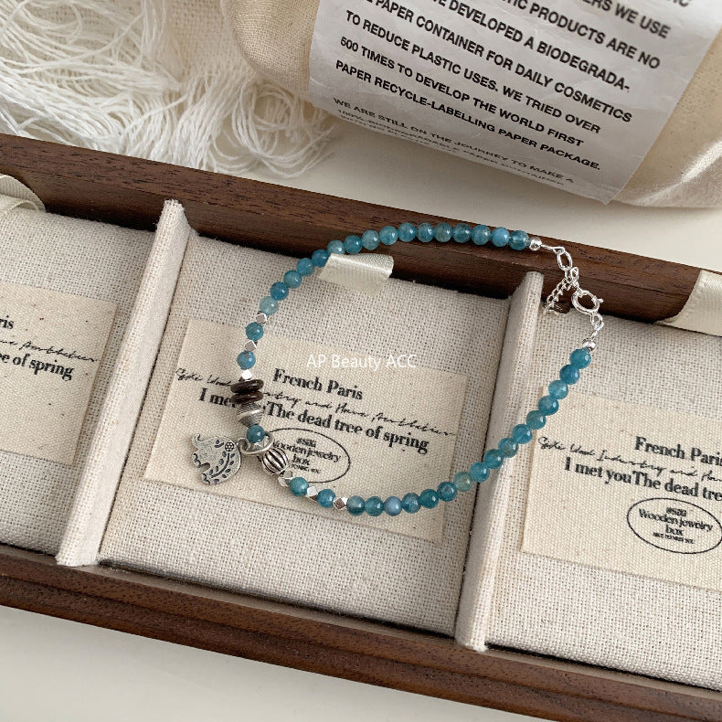 C廠-泰國清邁手工銀復古泰銀大象小象S925項鍊銀手鍊天然藍磷灰手鍊「1545」25.11-2